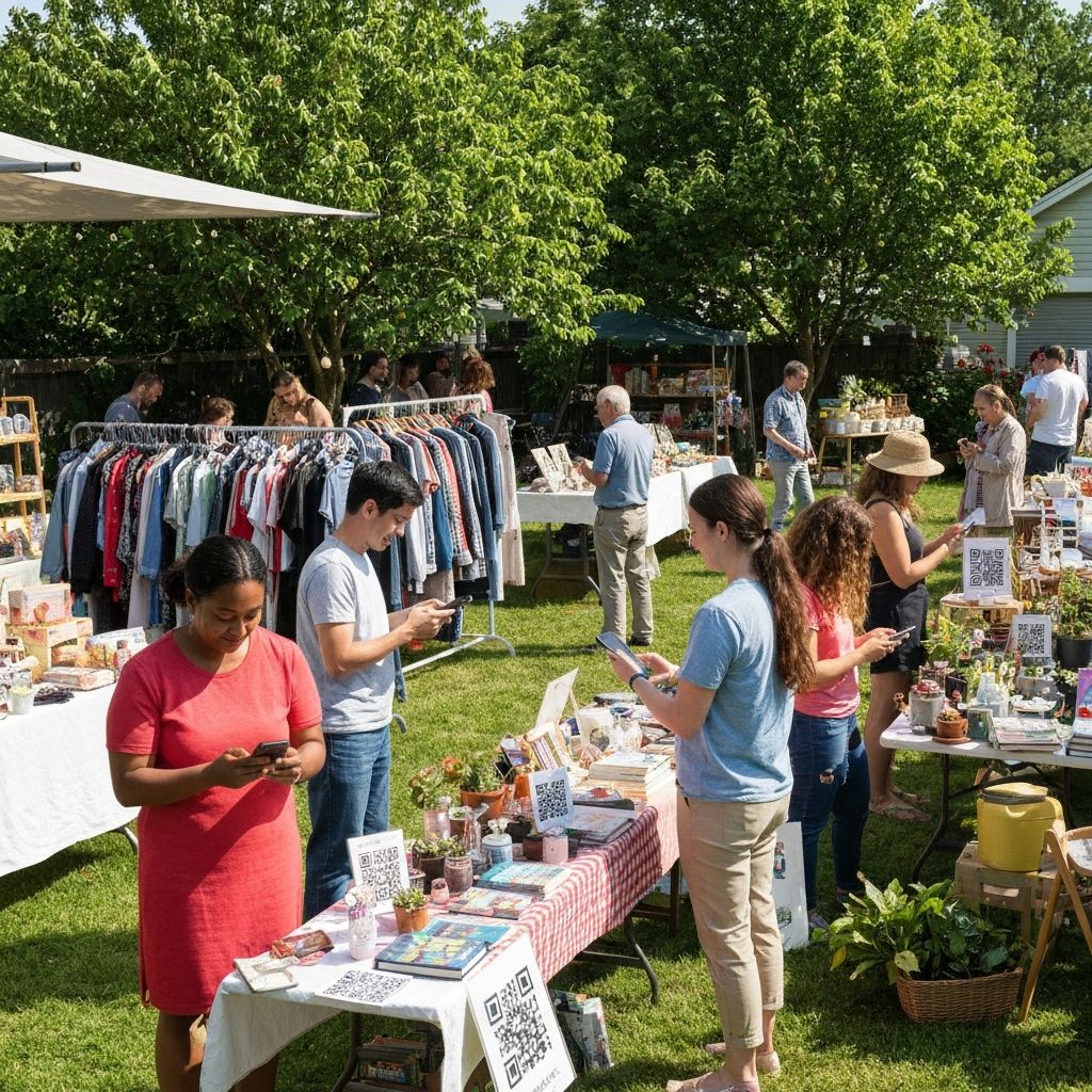 People at garage sale using phones